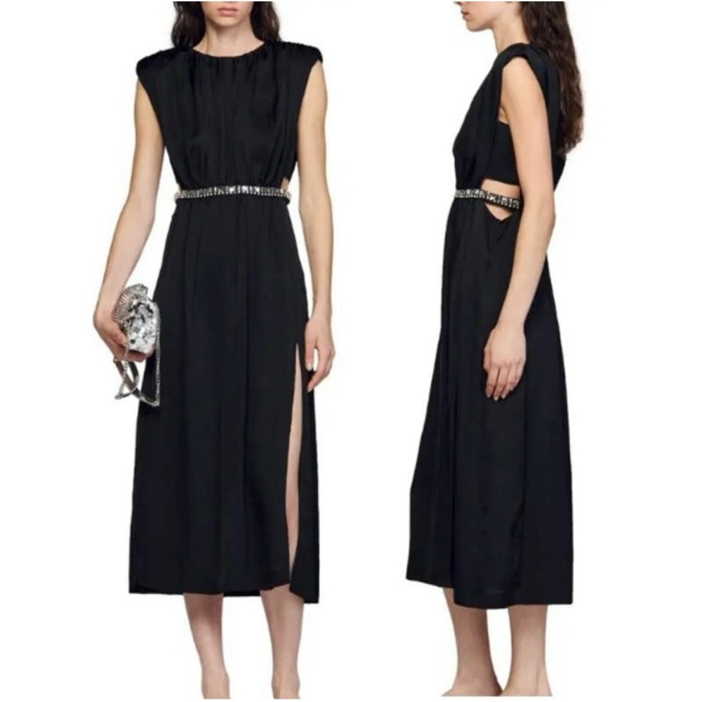 $550 Sandro Andy Pleated Rhinestone
Midi Dress Black Women's Size 8